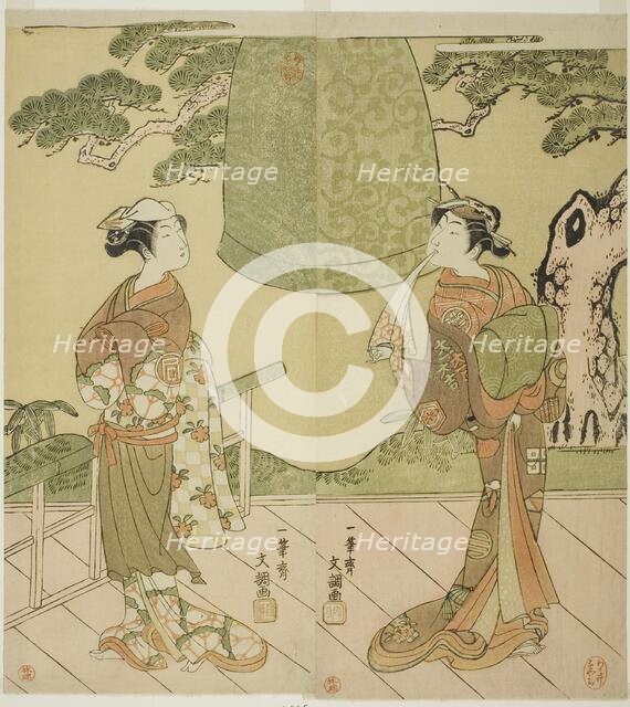 The Actors Ichimura Uzaemon IX as Shume no Hangan Morihisa (right), and Sanogawa..., c1769. Creator: Ippitsusai Buncho.