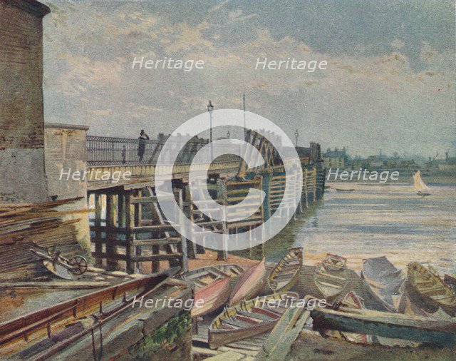 'Old Battersea Bridge, From The North Bank', looking across the River Thames, London, 1885 (1926). Artist: John Crowther.