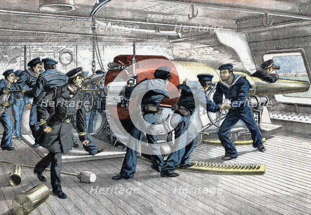 Scene on gun deck of a Japanese warship, Russo-Japanese War, 1904-5. Artist: Unknown