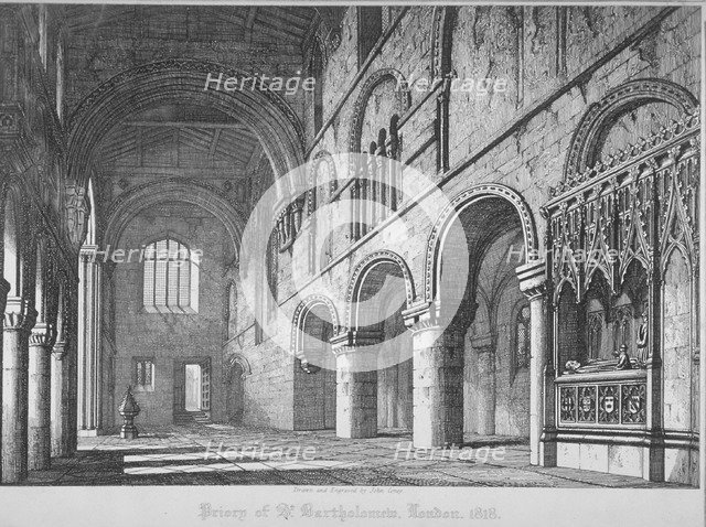 Interior view of St Bartholomew's Priory, Smithfield, City of London, 1818. Artist: John Coney