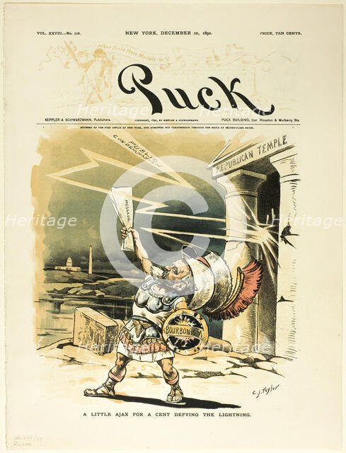 A Little Ajax for a Cent Defying the Lightning, from Puck, published December 10, 1890. Creator: Charles Jay Taylor.