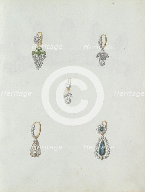 Five designs of earrings, one of which is with a grapes, c.1800-c.1810. Creator: Carl Friedrich Bärthel.