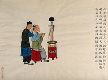 A barber shaving the front and sides of a man's head, in the Manchu style, 1890. Creator: Pei Qun Zhou.