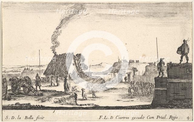 Plate 4: A military encampment with a soldier standing on a parapet to the right beati..., ca. 1641. Creator: Stefano della Bella.