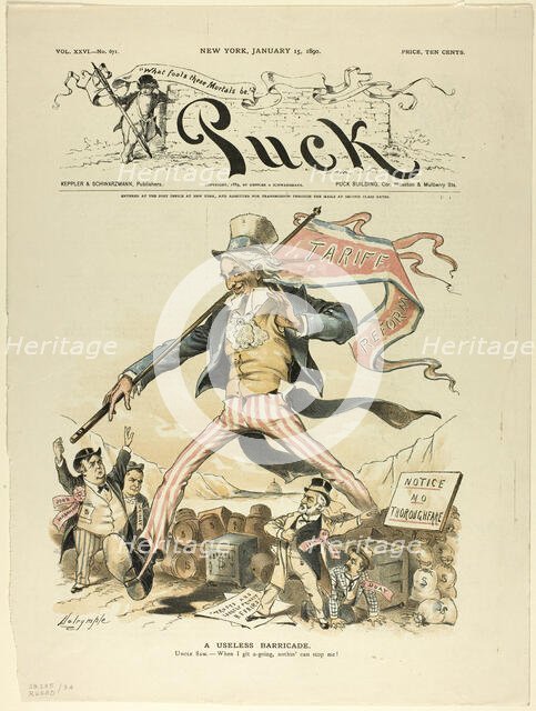 A Useless Barricade, from Puck, published January, 15 1890. Creator: Louis Dalrymple.