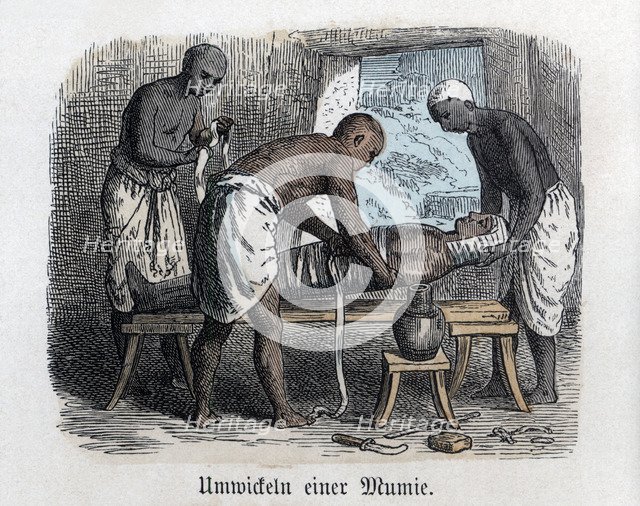 Ancient History. Egypt. Preparing a mummy. German engraving, 1865.