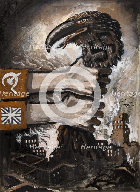 British and Soviet arms grasping neck of predatory bird arising from the..., between 1939 and 1946. Creators: Unknown, Central Office of Information.
