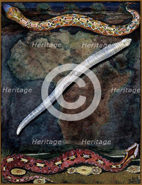 Parasites: a parasitical worm, shown much enlarged, with its hosts, c1930. Creator: J Svoboda.