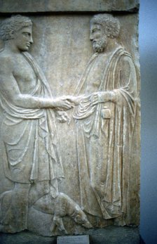 Relief showing an Athenian youth greeting older man, 5th century BC. Artist: Unknown