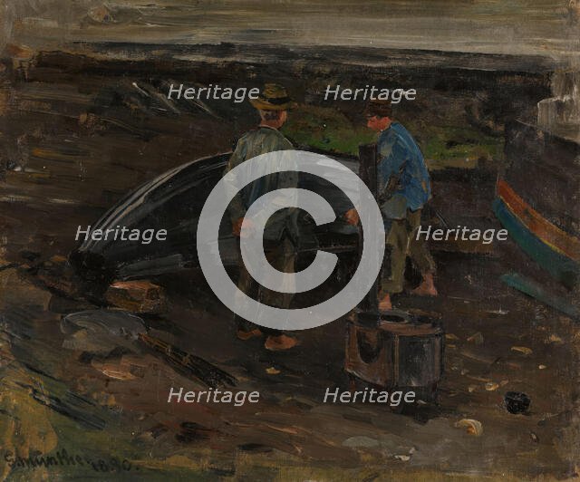 Boys taring a Boat, Nevlunghavn, 1880. Creator: Gerhard Munthe.