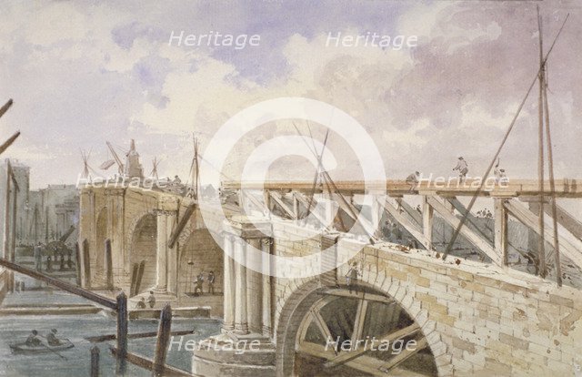 Demolition work being carried out on Blackfriars Bridge, 1864. Artist: George Maund