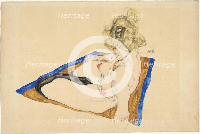 Blonde nude seated on a brown rug with a blue border , 1912. Creator: Schiele, Egon (1890-1918).