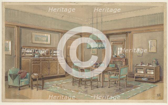 Dining room with green track on top along the walls, c.1925. Creator: Monogrammist HK.