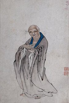 A Chinese man standing holding a long bowl with raised ends, (between 1800 and 1899?). Creator: Unknown.