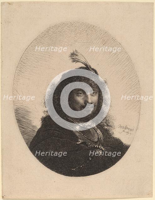 Self-Portrait (?) with Plumed Cap and Lowered Sabre, 1634. Creator: Rembrandt Harmensz van Rijn.
