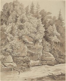 Wooded Cliffs along a Stream, 1840s. Creator: Carl Wagner.