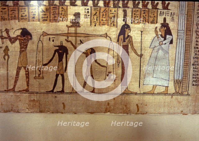 Scene representing 'Judgment of the soul', in the 'Book of the Dead', detail of a papyrus.
