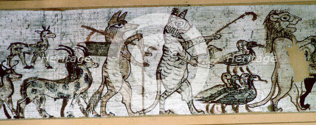 Detail from the Egyptian 'satirical papyrus' of a fox playing the pipes and leading goats, and a cat Artist: Unknown