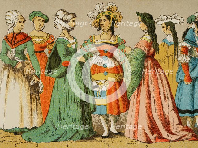 Women's dresses from different social classes, German, 1500-1550, (1881).  Creator: Unknown.