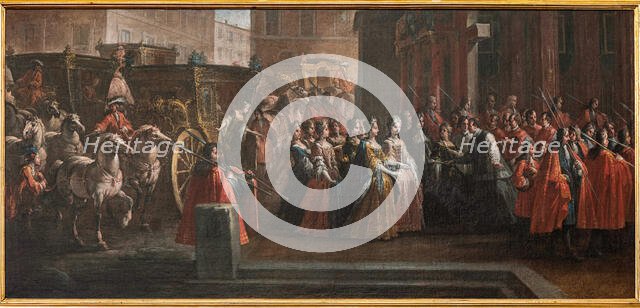 The bishop and clergy of Parma pay homage to Elisabetta Farnese at the door of the..., 1715-1717. Creator: Spolverini (Mercanti); Ilario Giacinto (1657-1734).