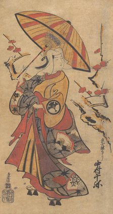 Actor Nakamura Senya as Tokonatsu in the Kabuki Play, "The Legacy of the Three-Comma F..., ca. 1716. Creator: Torii Kiyomasu I.