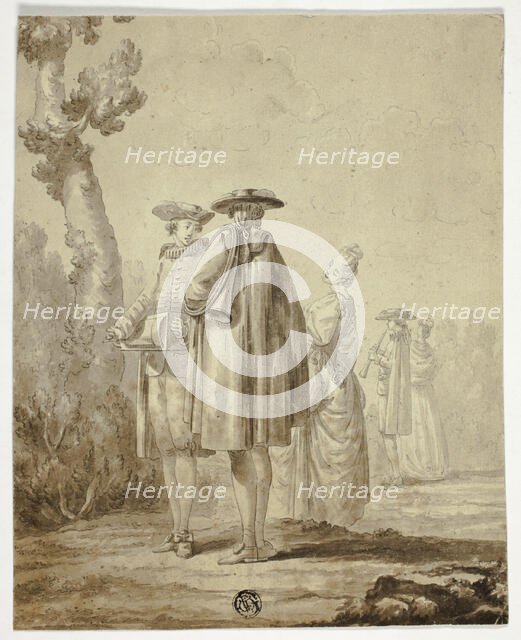 Three Musicians and Two Ladies in Outdoor Setting, n.d. Creator: Unknown.