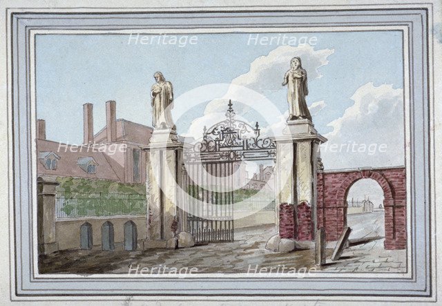 Entrance to the Haberdashers' Almshouses in Pitfield Street, Shoreditch, London, c1830. Artist: G Yates