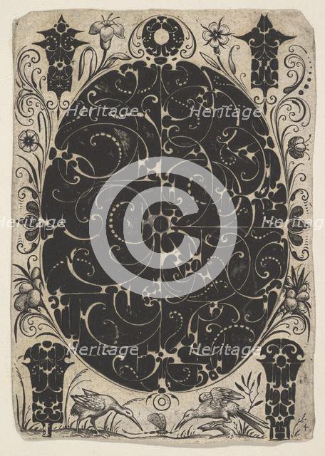 Oval Case Decorated with Schweifwerk in Two Variants, Surrounded by Smaller Motifs..., ca. 1614-19. Creator: Jacques Hurtu.