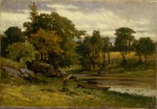 Untitled (landscape, boat moored near stream, man walking in foreground), 1879. Creator: Edward Mitchell Bannister.