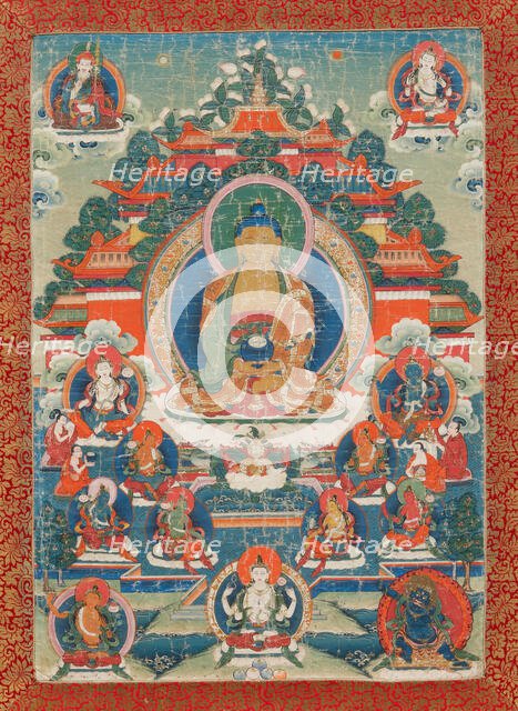Thangka of Amitabha in the pure land of Sukhavati, 19th century. Creator: Tibetan Culture.