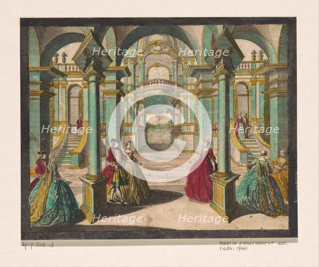 View of the interior of a palace, with several richly dressed ladies and gentlemen, 1684-1756. Creator: Martin Engelbrecht.