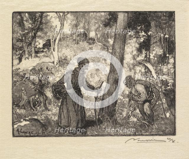 Fontainebleau Forest: Mushroom Hunters at the Rocher Bernard (La Forêt de Fontainebleau..., 1890. Creator: Auguste Louis Lepère (French, 1849-1918); A. Desmoulins, Published in Revue Illustrée, 1887-90.