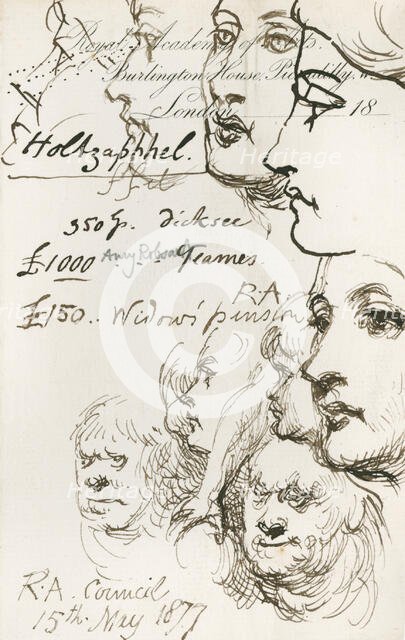 Sketches and notes made at a Royal Academy Council meeting, 15 May, 1877. Creator: Sir John Gilbert.