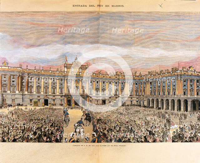 Alphonse XII, entry into the palace of Oriente in 1875, colored engraving of 'La Ilustración Espa…
