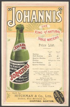 Johannis Mineral water, 1890s. Artist: Unknown
