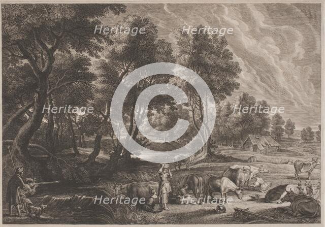 Farm Landscape with Hunters and Milkmaids. Creator: Boetius Adams Bolswert.