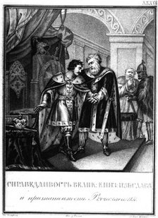 Iziaslav II Mstislavich and Viacheslav I Vladimirovich. 1151 (From Illustrated Karamzin), 1836. Artist: Chorikov, Boris Artemyevich (1802-1866)