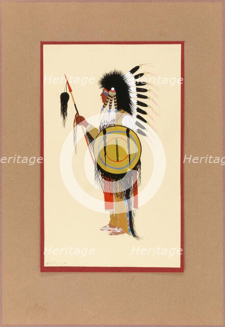 Cheyenne Warrior in Feather Headdress with Shield, ca. 1915-1937. Creator: Monroe Tsatoke.