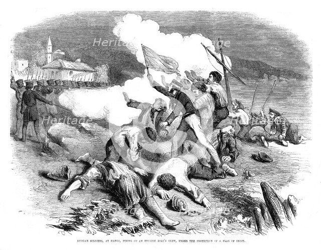 Russian soldiers firing on an English boat's crew, under the protection of a flag of truce, 1855. Artist: Unknown