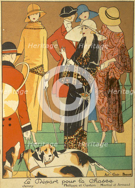 The Departure of the Hunt, fashion plate from 'Art, Gout, Beaute', pub. 1923 (pochoir print)
