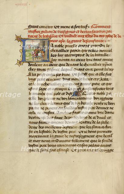 Initial L: Gillion and His Companion Hertan Riding to Rescue the Sultan, 1464. Creators: Lieven van Lathem, David Aubert.