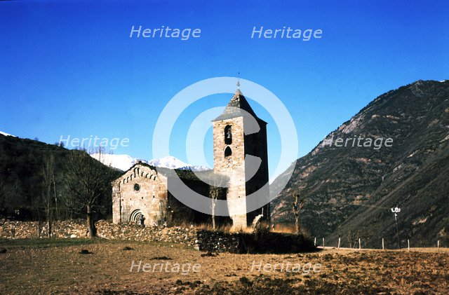 View of the Church of the Assumption in the village Coll de Tor built with large stone blocks.