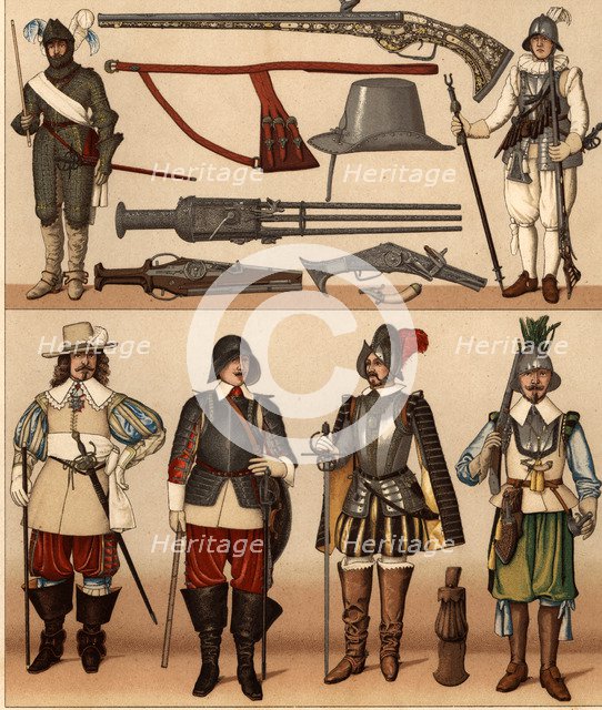 Various weapons and uniforms of French archebusier soldiers and musketeers.