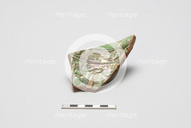 sherd, red body, white slip, green glaze, Mamluk period, 1250-1516. Creator: Unknown.