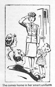 'She comes home in her smart uniform', 1940. Artist: Unknown.