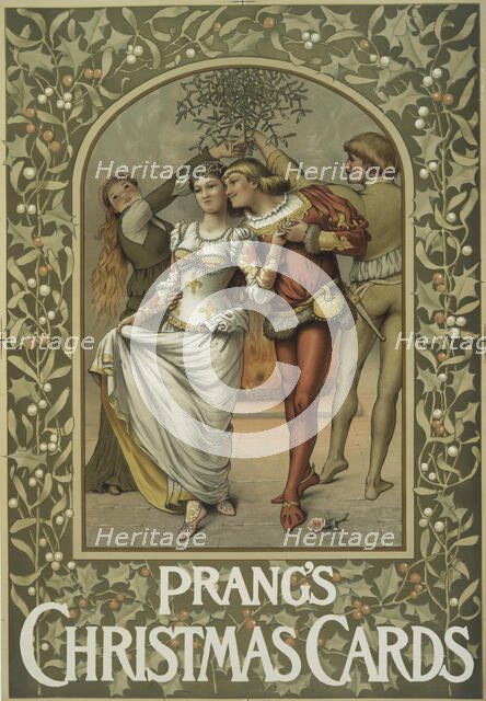 A poster with the words 'Prang's Christmas Cards,' depicting four performers, holly..., c1865 - 1899 Creator: Louis Prang.