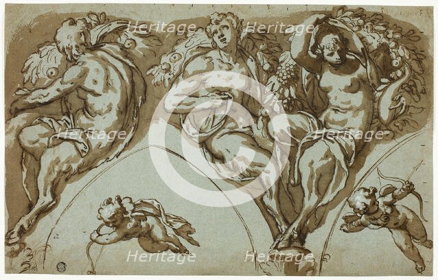 Study for Spandrel Decoration with Satyress, Satyrs, and Putti (r); Head of Putto (v), c.1588. Creator: Paolo Farinati.