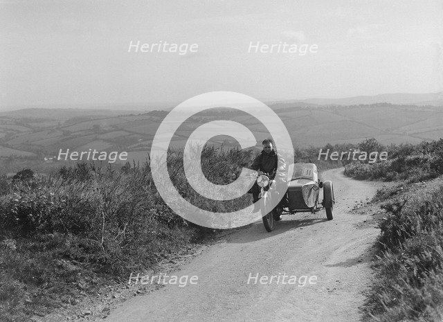 498 cc Coventry Eagle and sidecar of FW Osborne competing in the MCC Torquay Rally, 1938. Artist: Bill Brunell.