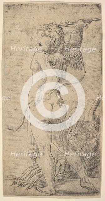 Cupid viewed from behind with an arrow in his raised right hand, ca. 1543-45. Creator: Andrea Schiavone.