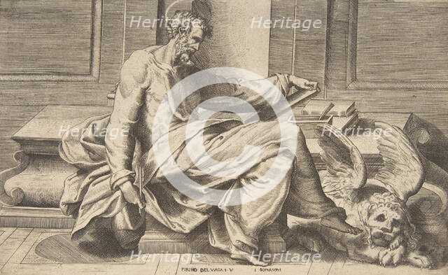 Saint Mark writing his gospel, winged lion at the right, 1531-76. Creator: Giulio Bonasone.